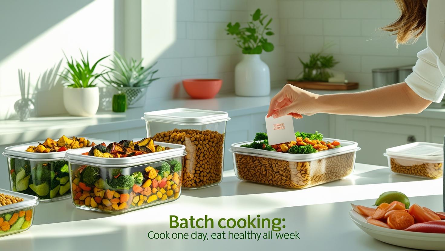Recipientes de cristal con comidas saludables organizadas en una cocina luminosa, representando el método batch cooking.