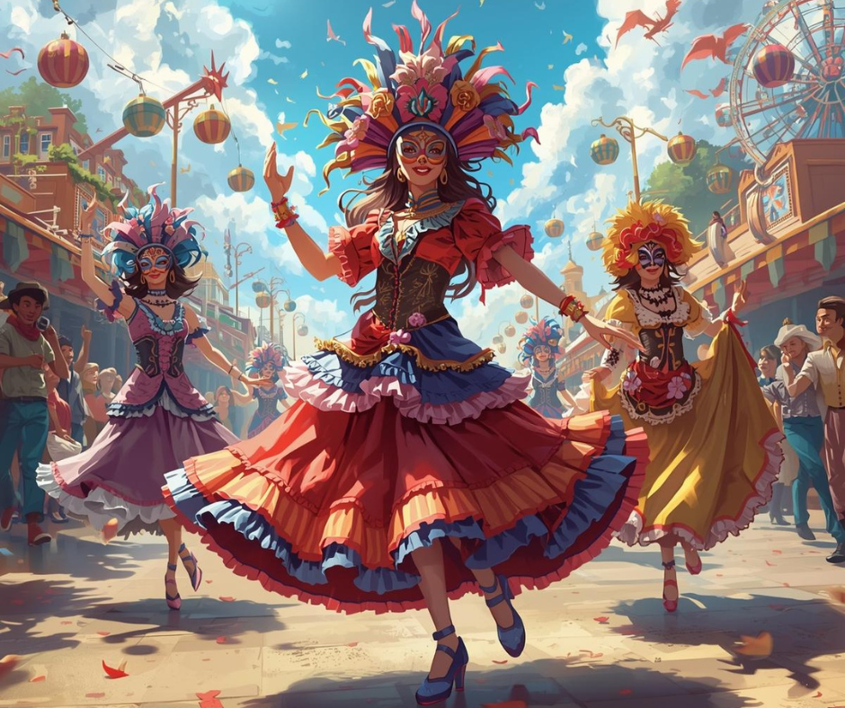 mujeres bailando en carnaval con disfraces coloridos y tacones en la calle