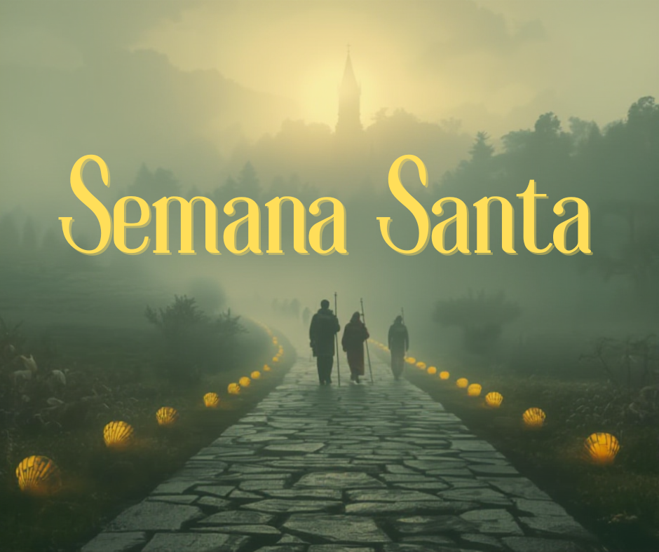 personas caminando durante Semana Santa por un sendero empedrado al amanecer